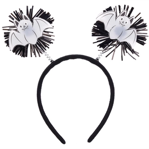 Detail of Halloween headband with black tinsel fringe and spring-mounted cartoon bats