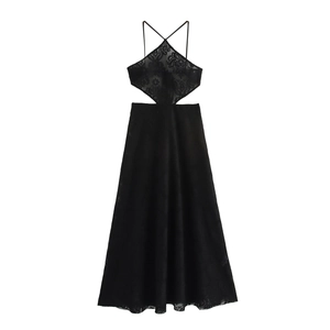 Sexy black lace halter maxi dress with cutout waist and deep V-neck for beach vacation