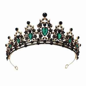 Baroque gold bridal crown with vintage green teardrop crystals and black rhinestones