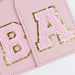 Pink PU leather passport holder and luggage tag set with embroidered A and B letters