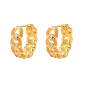 Detail of S925 silver chain hoop earrings with orange enamel and cubic zirconia stones