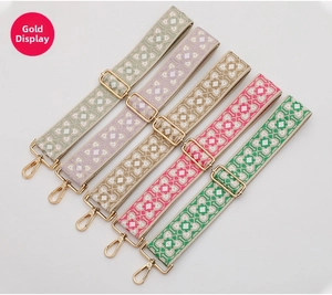 Detailed view of colorful jacquard ethnic guitar style bag straps with gold metal hooks