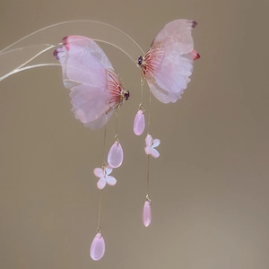 Detail of butterfly tassel earrings with pink wings, zircons, and delicate metal chains