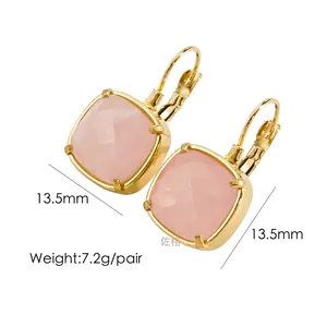 Detail view of 14K gold-plated earrings with square pink gemstone and 13.5mm size specs