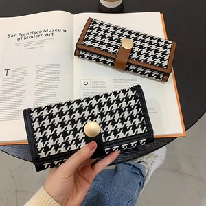 Houndstooth pattern long wallet for women with gold snap button and canvas leather detail
