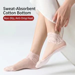 Women's cotton sole lace socks with elegant leaf pattern trim and breathable mesh fabric