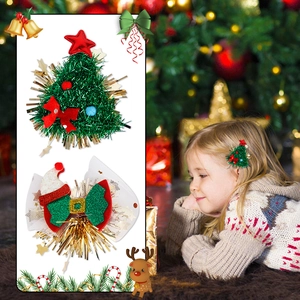 Christmas tree and red bow hair clips set for kids' holiday outfits and performances