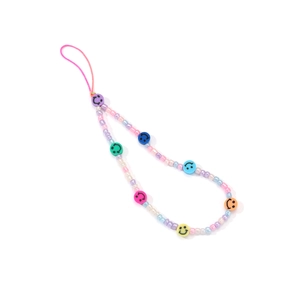 Detail of colorful smiley face beads and pearl seed beads on a handmade phone wrist strap