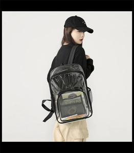 Detail of transparent PVC backpack with black straps and large capacity for travel