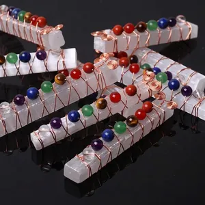 Seven Chakra Selenite Wand with healing crystal stones and copper wire wrapping