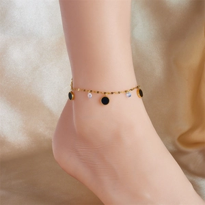 Waterproof gold wave chain anklet with black shell charm and cubic zirconia for women
