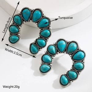Ethnic silver-plated C-shape hoop earrings with turquoise insets, length 4cm and width 3.5cm