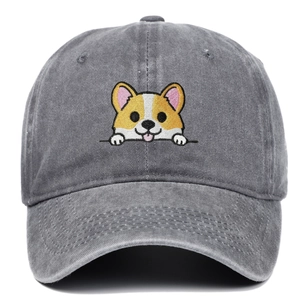 Casquette de baseball grise délavée avec broderie de chien Corgi pour l'extérieur