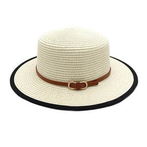 Flat top straw sun hat for women with black trim and vintage infinity buckle detail