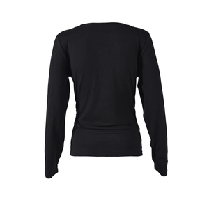 Back view of a black long sleeve top with a slim fit and pleated cowl neck design