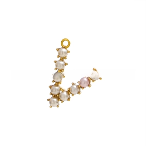 Detailed view of gold plated letter V pendant with white and pink shell pearls inlay