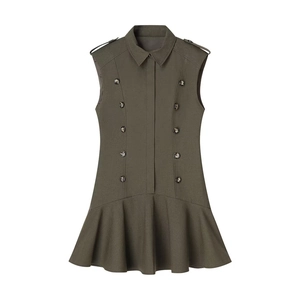 Army green sleeveless dress with double-breasted design and ruffled hemline