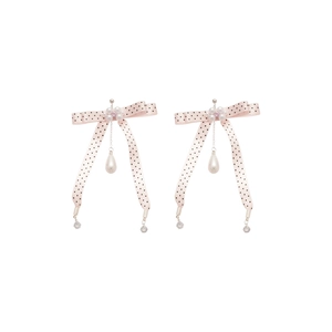 Pink polka dot ribbon earrings with pearl floral accents and teardrop pendants