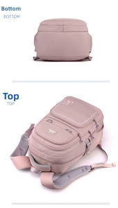 Detail of backpack bottom and top view showing multi-pocket design and thick nylon fabric