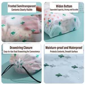 Frosted waterproof cactus drawstring storage bag with wide bottom for travel organization