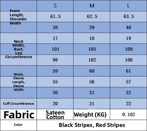 Detailed size chart for women's striped long sleeve pullover showing S, M, L dimensions