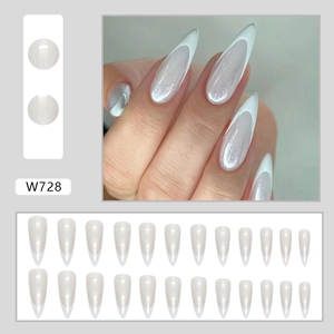 French tip pearl white cat eye press-on nails in long pointed stiletto shape