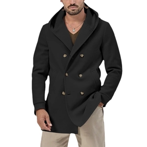 Men's mid-length black hooded trench coat with double-breasted buttons and slim fit style