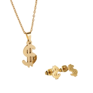 Golden dollar sign jewelry set featuring minimalist pendant necklace and matching stud earrings