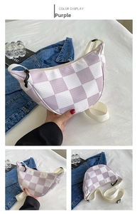 Detailed views of purple checkered knitted crossbody bag with white fabric strap