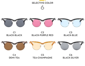 Detailed grid of fashion round sunglasses in six colors with unique V-shaped bridges