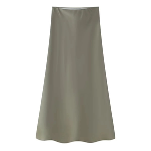 Detailed view of the olive green midi skirt with a smooth silk satin texture finish