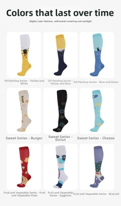 Collage of colorful athletic compression socks with artistic patterns and food illustrations