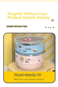 Vue détaillée des bols pour enfants en acier inoxydable et PP de couleur rose et bleu
