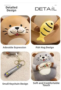 Detail of plush otter toy featuring soft material and rainbow keychain accessory