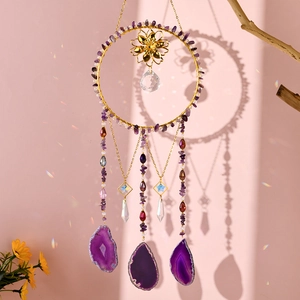 Crystal Suncatcher Wind Chime Natural Amethyst Rose Quartz Gravel Agate Slices Handmade Hanging Ornament Garden Decor