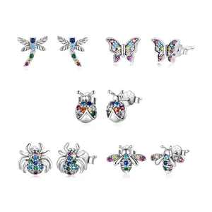 925 Sterling Silver Stud Earrings With Colorful Zircon Insect Series Spider Butterfly Bee Dragonfly For Women Jewelry