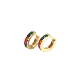 S925 silver gold huggie earrings with colorful square-cut zircon stones on white background