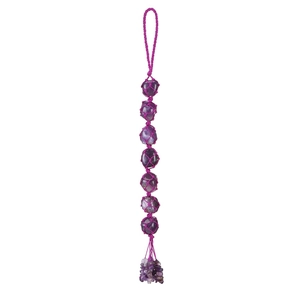 Detailed view of 7-stone purple raw amethyst crystal car hanging with hand-woven rope
