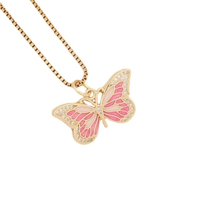 Golden butterfly pendant necklace with pink enamel and sparkling zircon accents
