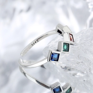 Rainbow geometric S925 sterling silver open ring with colorful square zircon stones