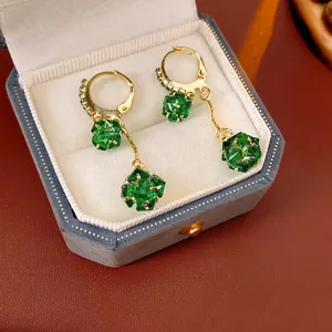Vintage Green Rhinestone Geometric Double Ball Dangle Earrings Copper Gold Tone Light Luxury Jewelry For Women