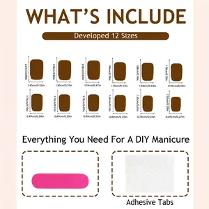 Size guide for pink French style press-on nails including 12 sizes and a nail file tool