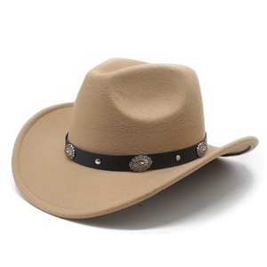 Classic khaki western cowboy felt hat with vintage silver conchos and black leather band