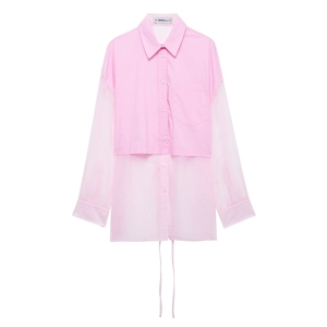 Blusa Da Donna Rosa Patchwork In Organza Trasparente Camicia A Maniche Lunghe Con Orlo Con Coulisse E Lacci Sul Retro