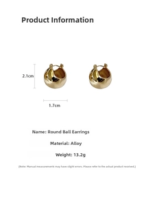 Detailed view of gold ball earrings showing dimensions 2.1cm by 1.7cm in polished alloy