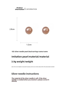 Detailed view of 1.2cm pearl earrings with 925 silver needles and size measurements