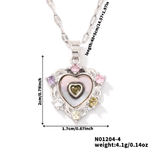 Dettaglio pendente a cuore con conchiglia rosa e zirconi colorati e misure dettagliate