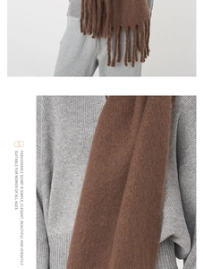 Detailed texture of thick brown mohair scarf with elegant long tassels for winter