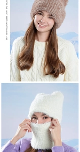 Detail of warm winter knitted hooded scarf with plush lining and ear protection flap