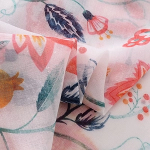 Floral pomegranate print cotton linen feel scarf with elegant tassels for women